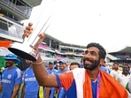  India's Jasprit Bumrah poses for a picture with the trophy after Team India wins the ICC Mens T20 World Cup 2024 final