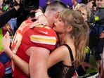 Taylor Swift embraces Kansas City Chiefs tight end Travis Kelce after the NFL Super Bowl 58 football game against the San Francisco 49ers, Sunday, Feb. 11, 2024, in Las Vegas. The Chiefs won 25-22. (AP Photo/John Locher)