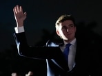 Barron Trump waves as his father, Republican presidential candidate former President Donald Trump, speaks at a campaign rally at Trump National Doral Miami, Tuesday, July 9, 2024, in Doral, Fla. 