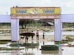 Hathras India - July 04 2024: People looking towards the pandal at the spot after the incident at Hathras Sikandra Rao Satya Sangh. in Hathras , India on Thursday, July 04 2024. (Photo by Sakib Ali/Hindustan Times)