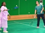President of India, Droupadi Murmu, playing a game of badminton with Saina Nehwal. (X/@NSaina) President of India, Droupadi Murmu, playing a game of badminton with Saina Nehwal. (X/@NSaina)