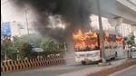 While returning along with the conductor from the welder’s shop, the fire erupted inside the rear part of the bus and the driver pulled up near the City Centre Metro station. (HT Photo)