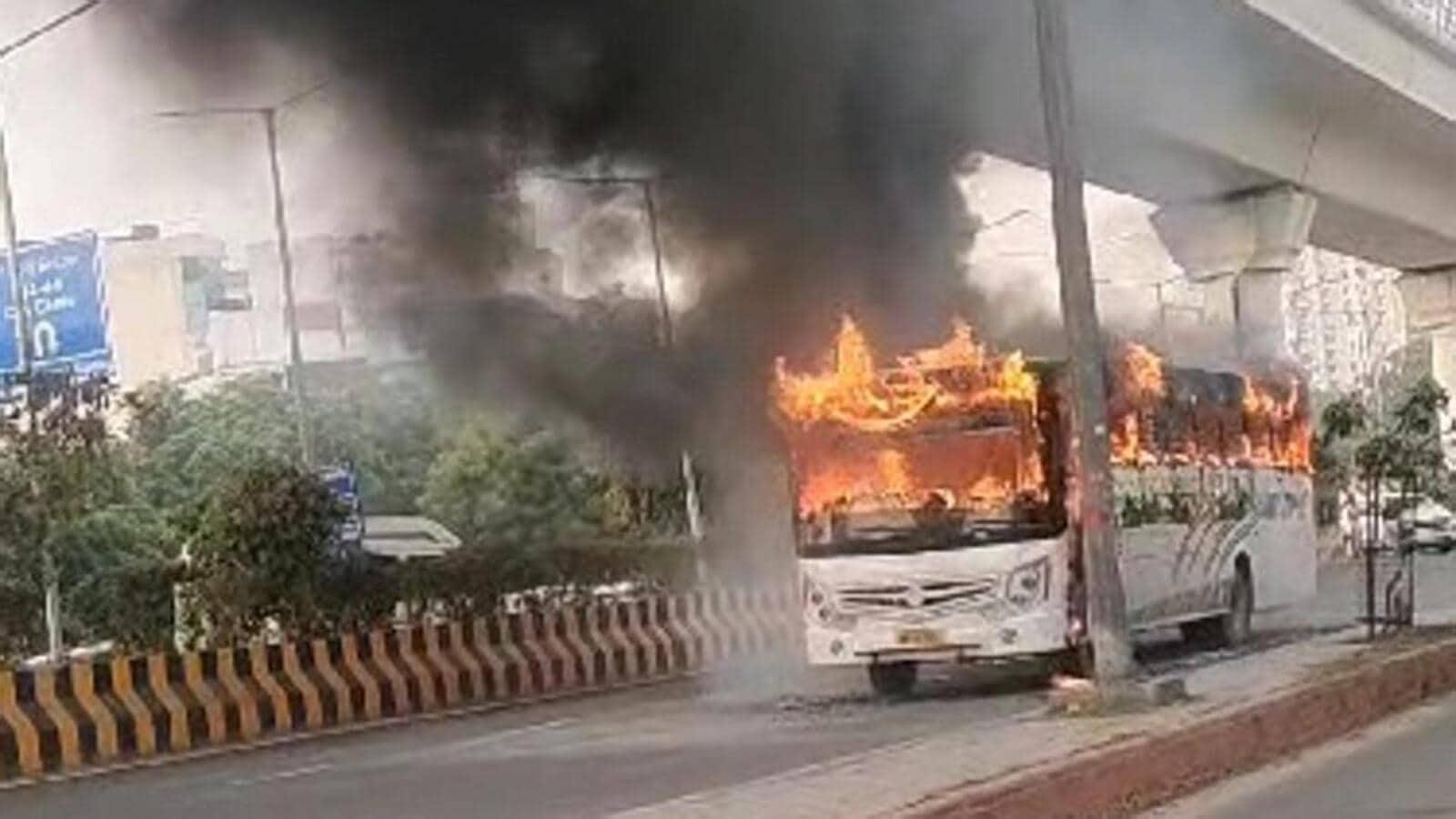 Moving bus catches fire in Noida, no casualty