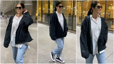 Katrina Kaif’s latest airport look in oversized clothes has fans buzzing with fresh pregnancy rumours. (HT photo/VarinderChawla) Katrina Kaif’s latest airport look in oversized clothes has fans buzzing with fresh pregnancy rumours. (HT photo/VarinderChawla)