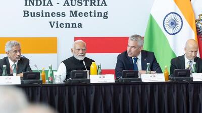 Austrian Chancellor Karl Nehammer during a press conference with PM Narendra Modi in Vienna on Thursday during latter’s visit (Twitter/@karlnehammer) Austrian Chancellor Karl Nehammer during a press conference with PM Narendra Modi in Vienna on Thursday during latter’s visit (Twitter/@karlnehammer)