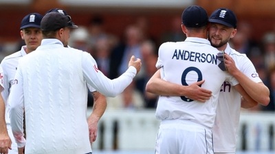 England's James Anderson celebrates with Gus Atkinson in the first Test against West Indies (Action Images via Reuters)