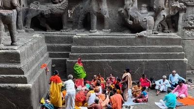 A group of devotees gathered in Ellora caves (HT File) A group of devotees gathered in Ellora caves (HT File)