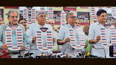 Haryana Congress leaders at a press briefing on Thursday. (HT Photo)