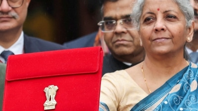 Union Budget 2024: Finance Minister Nirmala Sitharaman holds up the Union budget. (Reuters)