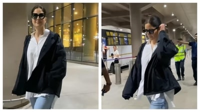 Spotted at the airport, Katrina Kaif has reframed the style definition with comfort. She donned an oversized white t-shirt with a jacket, paired with regular jeans and shades. It's a serious inspiration for a relaxed everyday outfit. (Instagram/@manav.manglani)