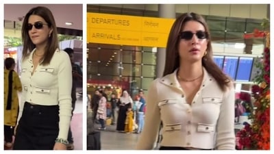 Another great airport look with Kriti Sanon serving ‘It girl’ vibes. She's wearing a Sandro crop jacket accentuated with unique button placements, and paired with high-waisted black pants. Completing her look with a matching gold chain and hoops, she effortlessly exudes elegance.&nbsp; (Instagram/@viralbhayani)