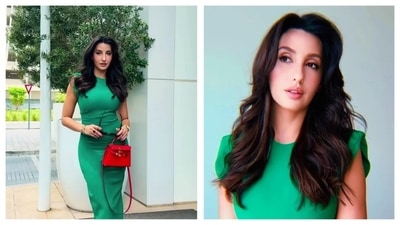 Nora Fatehi emanates old Hollywood glamour with her wavy hair and green bodycon dress, complemented by a pop of red from her handbag. Her ensemble is a styling lesson for colour pairing, showcasing how the red-green combo looks gorgeous on her.&nbsp; (Instagram/@norafatehi)