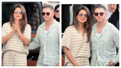 Global power couple Priyanka Chopra and Nick Jonas served major couple goals, turning heads in comfy pastel co-ords. Priyanka is wearing a beige striped co-ord, while Nick layered his pastel co-ord, adorned with geometric designs.&nbsp; (Instagram/@filmygyan )