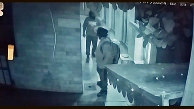 The CCTV footage in Mohali police possession shows the two thieves moving inside the temple, wearing helmets and covering their faces. (HT Photo)