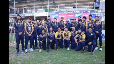 The Punjab senior men’s team in a jubilant mood after winning the five-match one-day series against Namibia by 4-1 at the Wanderers Sports Club in Windhoek on Wednesday. (HT Photo)