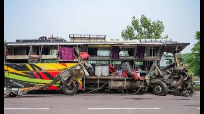 The sleeper bus that rammed a milk tanker on the Agra-Lucknow Expressway in Unnao on Wednesday. (PTI Photo) The sleeper bus that rammed a milk tanker on the Agra-Lucknow Expressway in Unnao on Wednesday. (PTI Photo)