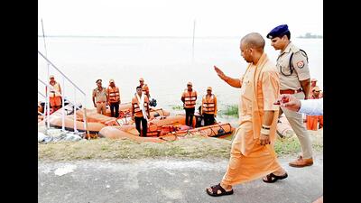 Uttar Pradesh chief minister Yogi Adityanath inspects flood-affected areas in Balrampur on Thursday. (ANI)