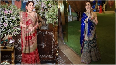 Nita Ambani showcased her elegance in a Gharchola saree and a regal lehenga for recent pre-wedding ceremonies of Anant Ambani and Radhika Merchant. (Instagram) Nita Ambani showcased her elegance in a Gharchola saree and a regal lehenga for recent pre-wedding ceremonies of Anant Ambani and Radhika Merchant. (Instagram)