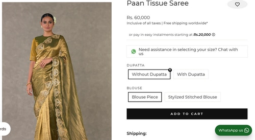 Shloka's saree is from the brand House of Masaba and costs  ₹60,000. (www.houseofmasaba.com/)