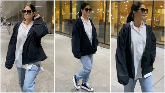 Katrina Kaif’s latest airport look in oversized clothes has fans buzzing with fresh pregnancy rumours.(HT photo/VarinderChawla)