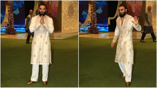 Ranveer Singh rocked an Anamika Khanna kurta pajama, featuring a beige kurta adorned with intricate golden embroidery. He paired it with white pants, brown shoes, and brown-tinted sunglasses, perfectly completing his look(HT photo/VarinderChawla)