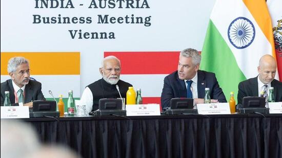 Austrian Chancellor Karl Nehammer during a press conference with PM Narendra Modi in Vienna on Thursday during latter’s visit (Twitter/@karlnehammer)