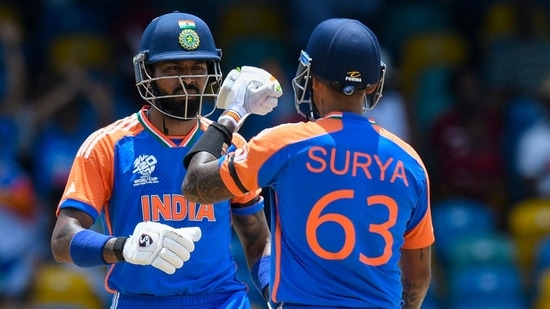 India's Hardik Pandya and Suryakumar Yadav (R) during the ICC men's Twenty20 World Cup 2024 Super Eight cricket match (AFP)