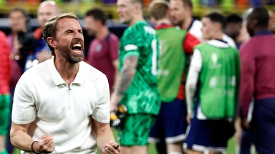 England's head coach Gareth Southgate celebrates after winning the UEFA Euro 2024 semi-final football match between the Netherlands and England(AFP)