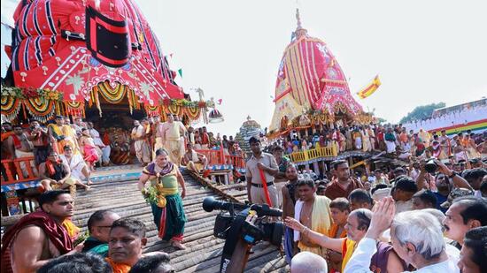 Former Odisha chief minister and BJD president Naveen Patnaik during the annual ‘Rath Yatra’ (PTI)