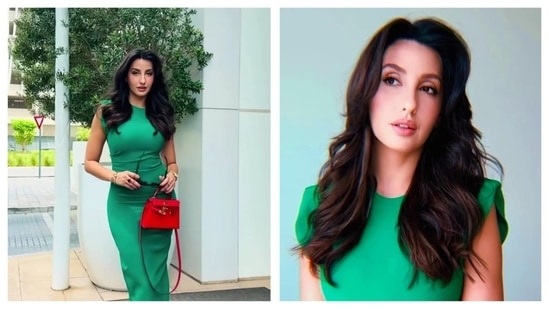 Nora Fatehi emanates old Hollywood glamour with her wavy hair and green bodycon dress, complemented by a pop of red from her handbag. Her ensemble is a styling lesson for colour pairing, showcasing how the red-green combo looks gorgeous on her. (Instagram/@norafatehi)