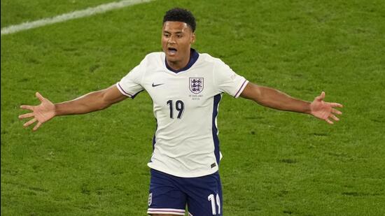 Ollie Watkins celebrates scoring England’s second goal in Dortmund on Wednesday. (AP)