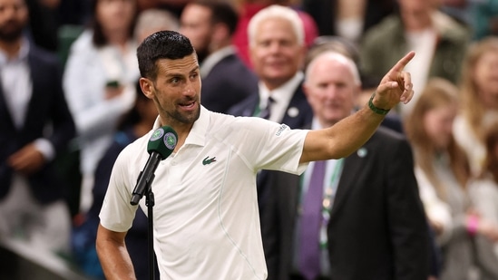 Serbia's Novak Djokovic gives a speech after winning his fourth round match against Denmark's Holger Rune (REUTERS)