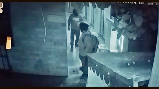 The CCTV footage in Mohali police possession shows the two thieves moving inside the temple, wearing helmets and covering their faces. (HT Photo)