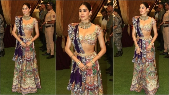 Janhvi Kapoor looked absolutely stunning in an Anamika Khanna lehenga. Her ensemble featured a bralette blouse adorned with vibrant multi-colour embroidery, paired with a matching skirt and a contrasting purple dupatta. Styled with heavy jewellery, she radiated effortless glamour.(HT photo/VarinderChawla)