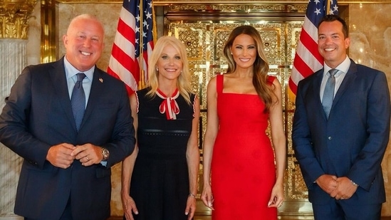 Former U.S. First Lady Melania Trump with Bill White, Kellyanne Conway ("Counselor to the president in the administration of U.S. president Donald Trump") and Bryan Eure at the Trump Tower fundraiser for Log Cabin Republicans this week. (Instagram via Bran Eure (euregram))