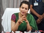 The Bollywood actress and BJP MP from Mandi sparked controversy after she asked her constituents to bring their Aadhar card if they wanted to meet her (ANI Photo)(Jai Kumar ) The Bollywood actress and BJP MP from Mandi sparked controversy after she asked her constituents to bring their Aadhar card if they wanted to meet her (ANI Photo)(Jai Kumar )