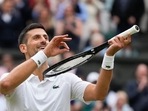 Novak Djokovic of Serbia reacts after defeating Lorenzo Musetti of Italy in their semifinal match at the Wimbledon tennis championships in London, Friday(AP) Novak Djokovic of Serbia reacts after defeating Lorenzo Musetti of Italy in their semifinal match at the Wimbledon tennis championships in London, Friday(AP)