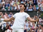 Carlos Alcaraz of Spain celebrates after defeating Daniil Medvedev of Russia in their semifinal match at the Wimbledon tennis championships(AP) Carlos Alcaraz of Spain celebrates after defeating Daniil Medvedev of Russia in their semifinal match at the Wimbledon tennis championships(AP)
