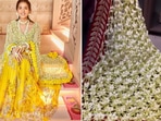 The image (L) shows Radhika Merchant in a beautiful floral dupatta during her haldi ceremony. The photo (R) is taken from the viral video. The image (L) shows Radhika Merchant in a beautiful floral dupatta during her haldi ceremony. The photo (R) is taken from the viral video.