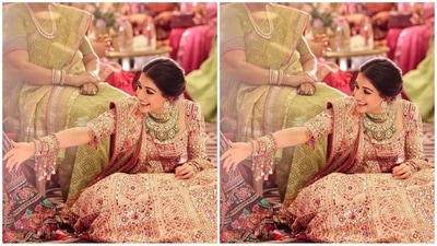 Radhika accessorised her look with opulent jewellery, including a multi-layered diamond necklace studded with emeralds, statement jhumka earrings, and enchanting bangles stacked on her wrist, adding a regal touch to her ensemble. (Instagram) Radhika accessorised her look with opulent jewellery, including a multi-layered diamond necklace studded with emeralds, statement jhumka earrings, and enchanting bangles stacked on her wrist, adding a regal touch to her ensemble. (Instagram)