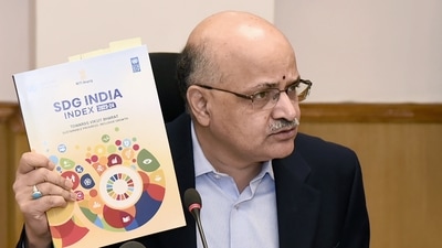 NITI Aayog Chief Executive Officer BVR Subrahmanyam addresses a Press conference during the release of the SDG India Index 2023-24, in New Delhi on Friday. (PIB) NITI Aayog Chief Executive Officer BVR Subrahmanyam addresses a Press conference during the release of the SDG India Index 2023-24, in New Delhi on Friday. (PIB)