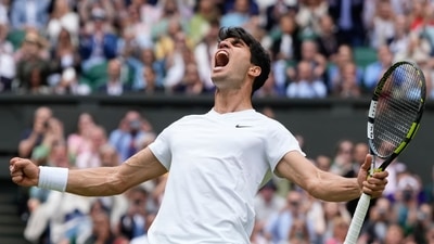 Carlos Alcaraz of Spain celebrates after defeating Daniil Medvedev of Russia in their semifinal match at the Wimbledon tennis championships (AP) Carlos Alcaraz of Spain celebrates after defeating Daniil Medvedev of Russia in their semifinal match at the Wimbledon tennis championships (AP)