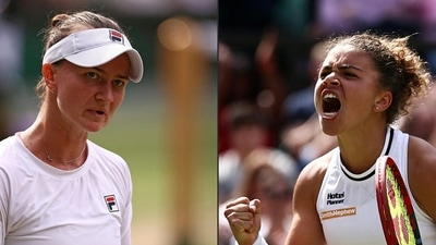 This combination of pictures created on July 11, 2024 shows
Italy's Jasmine Paolini in her women's singles semi-final tennis, and Czech Republic's Barbora Krejcikova (AFP) This combination of pictures created on July 11, 2024 shows
Italy's Jasmine Paolini in her women's singles semi-final tennis, and Czech Republic's Barbora Krejcikova (AFP)