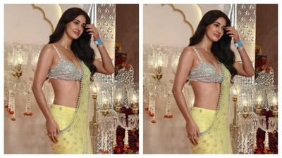 Disha Patani brings her A-game to the Ambani wedding, oozing sensual glam. She wore a silver bralette with a lemon-coloured saree, and intricate silver work in the dupatta. (HT Photo/Varinder Chawla ) Disha Patani brings her A-game to the Ambani wedding, oozing sensual glam. She wore a silver bralette with a lemon-coloured saree, and intricate silver work in the dupatta. (HT Photo/Varinder Chawla )