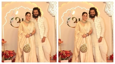 Power couple amps up the glamour in matching ethnic beige attires. Genelia and Ritesh Deshmukh look fabulous, serving major couple goals. Genelia looks classy wearing a nath and traditional choker, caring a golden chain bag. While Ritesh's jacke complements his outfit well. (HT Photo/Varinder Chawla ) Power couple amps up the glamour in matching ethnic beige attires. Genelia and Ritesh Deshmukh look fabulous, serving major couple goals. Genelia looks classy wearing a nath and traditional choker, caring a golden chain bag. While Ritesh's jacke complements his outfit well. (HT Photo/Varinder Chawla )