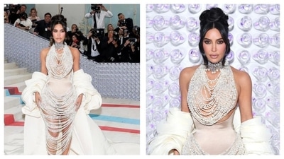 This is another fantastic Met look from 2023. You can trust Kim to stand out from the crowd. Wearing a custom Schiaparelli dress, bedecked with pearls, she's radiating elegance. Her entire pearl ensemble is made with over 50,000 pearls, from the skirt to the choker-cum-blouse, which she paired with a moulded corset to cinch her waist. With her hair in a high bun, the face-framing luscious curls, finish her look.&nbsp; (Instagram/@kimkardashian )