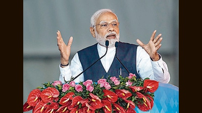 Mumbai, India - January 19, 2023: Prime Minister Narendra Modi along with Maharashtra Chief Minister Eknath Shinde and Deputy Chief Minister Devendra Fadnavis launches projects from MMRDA Grounds, at Bandra-Kurla Complex (BKC), Bandra (East), in Mumbai, India, on Thursday, January 19, 2023. (Photo by Satish Bate/Hindustan Times) (Satish Bate/HT PHOTO)