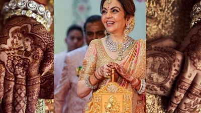 A closer look at Nita Ambani's mehendi for her son Anant's wedding. A closer look at Nita Ambani's mehendi for her son Anant's wedding.