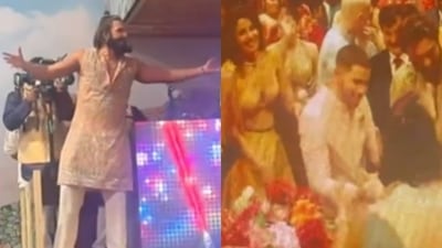 Ranveer Singh, Priyanka Chopra dancing at Anant Ambani's wedding. Ranveer Singh, Priyanka Chopra dancing at Anant Ambani's wedding.