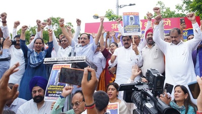 BJP chief Virendra Sachdeva was also detained by Delhi Police during the protest on Friday. (X/@Virend_Sachdeva) BJP chief Virendra Sachdeva was also detained by Delhi Police during the protest on Friday. (X/@Virend_Sachdeva)